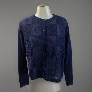 Teddi Petite Women's Size PS Navy Blue Cardigan Embroidered Sheer underlay